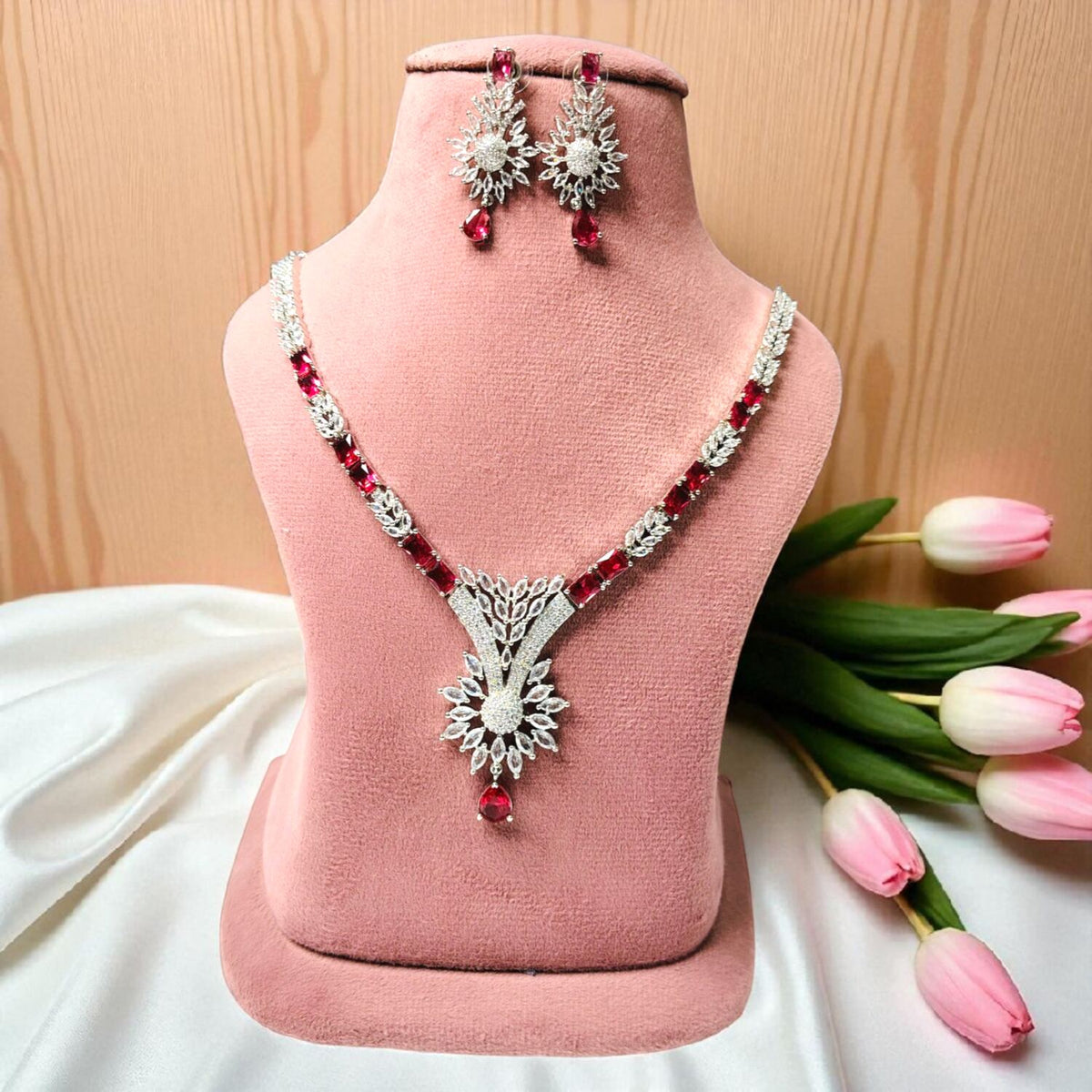 Soraya Silver Ruby Necklace Set