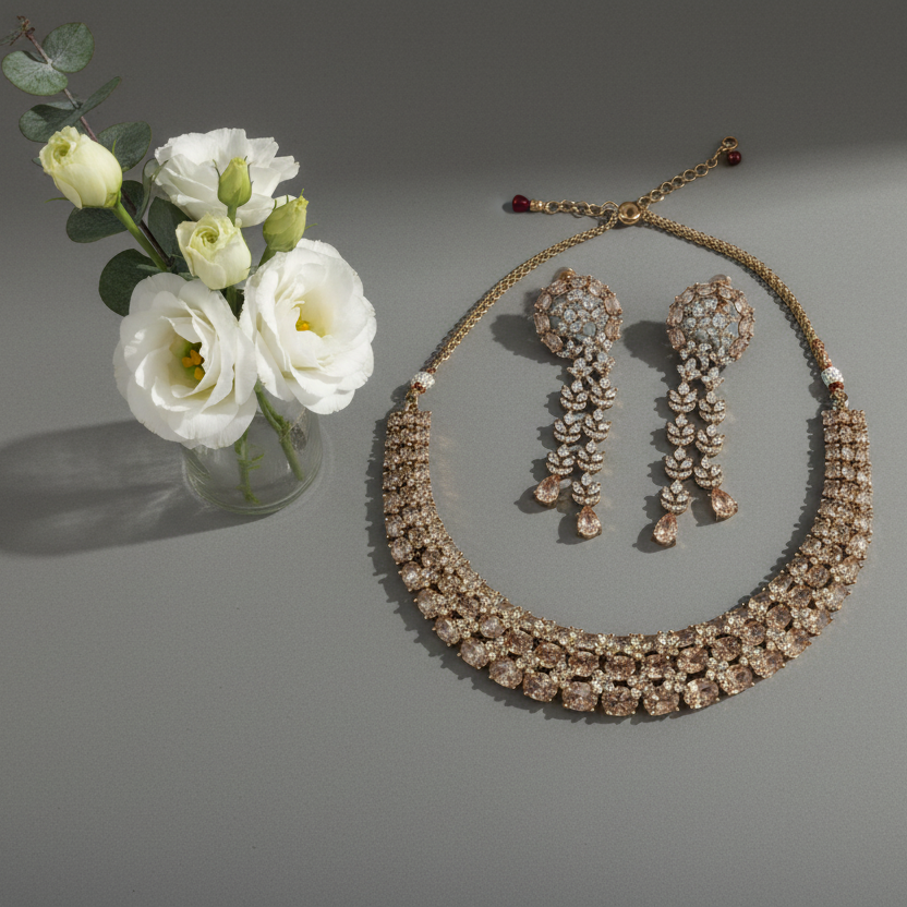 Champagne Choker Cubic Zirconia Necklace Set