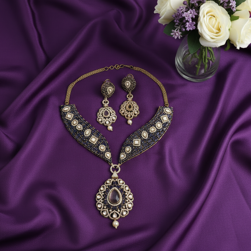 Purple Victorian American Diamond Necklace Set