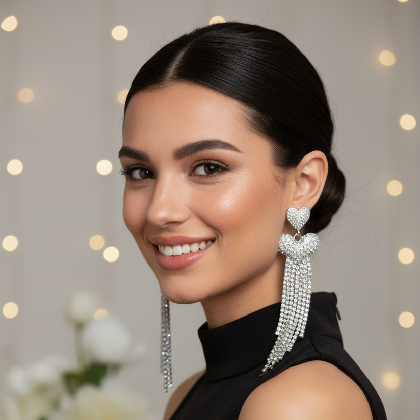 Crystal Heart Tassel Earrings