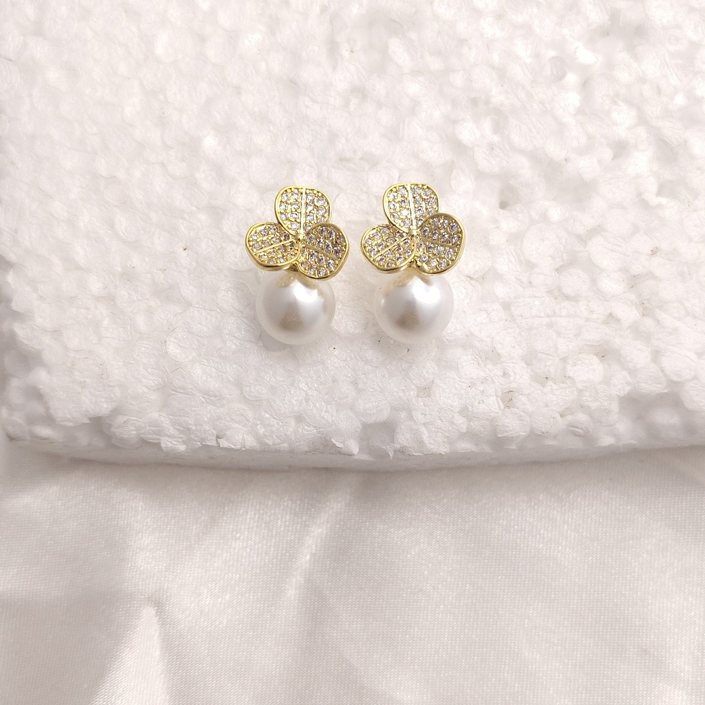 Gold Petal Pearl drop Earrings