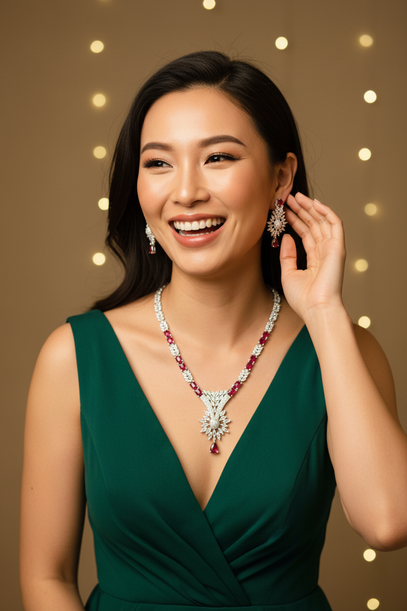 American Diamond White Ruby Red Party Necklace Set