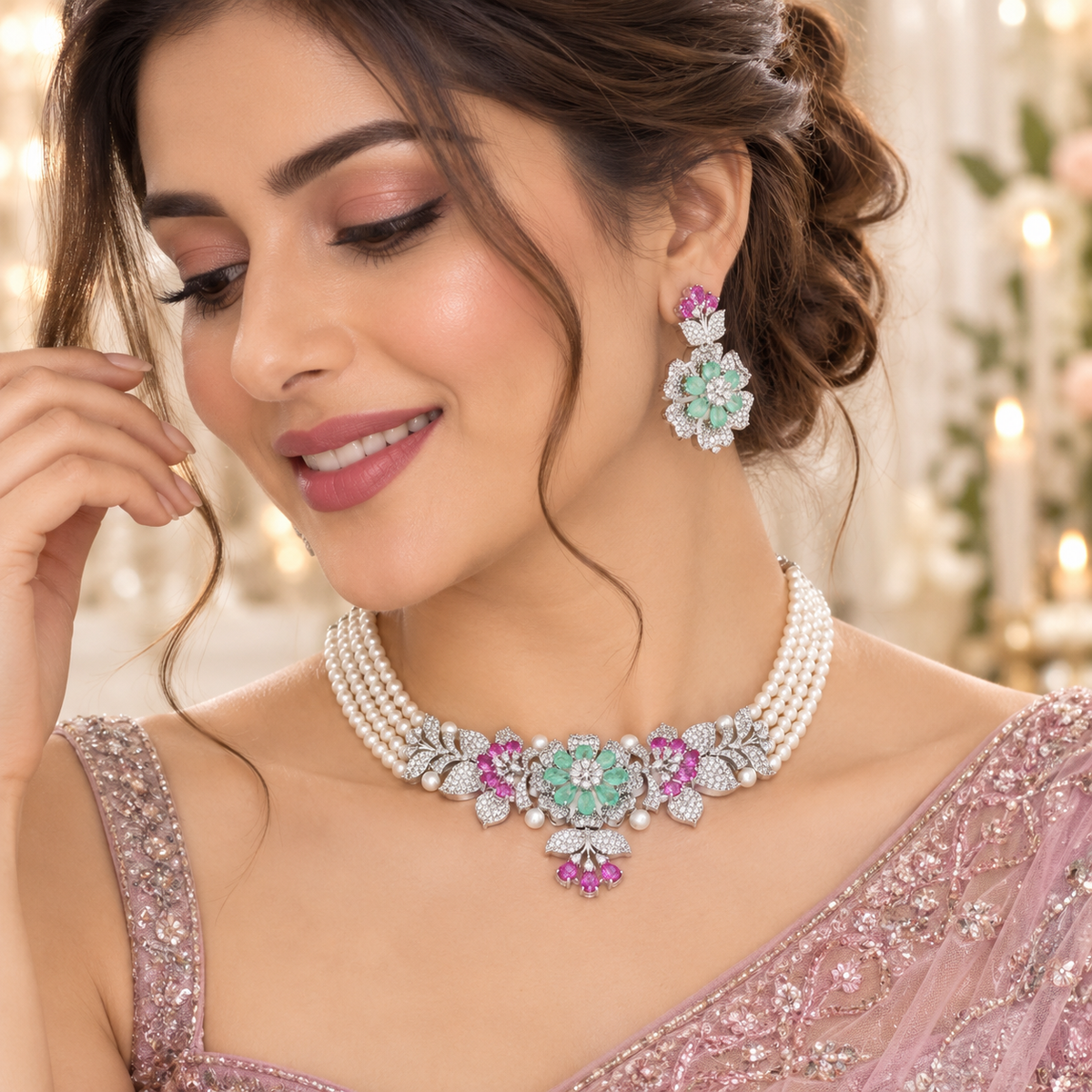 Anaya Multicolor Pearl Zirconia Choker Set