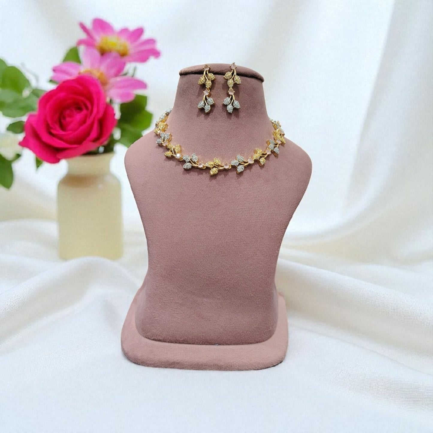 Dual Tone-Silver Golden AD Necklace set with Pink Stones
