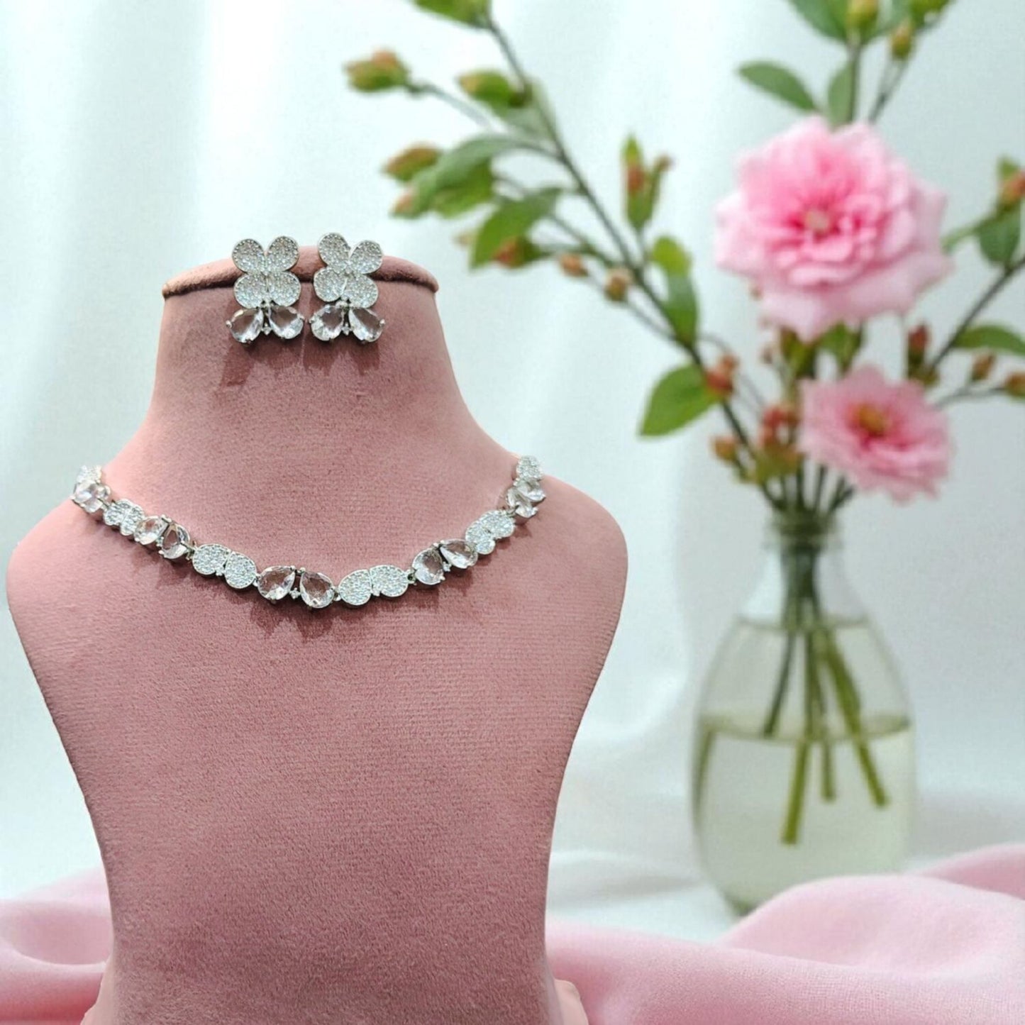 Silver American Diamond Half Butterfly Sleek Necklace Set