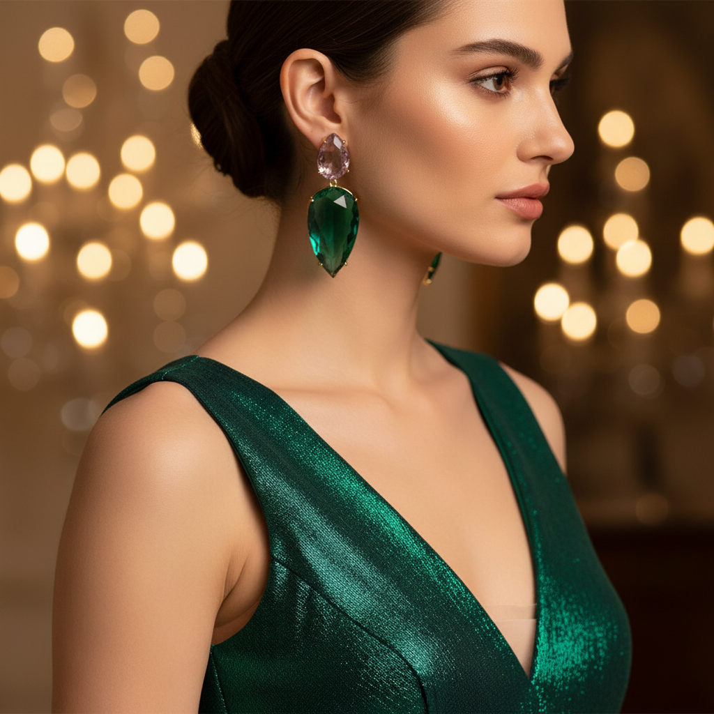 Pair of earrings with green and purple teardrop-shaped gemstones on a white background with flowers.