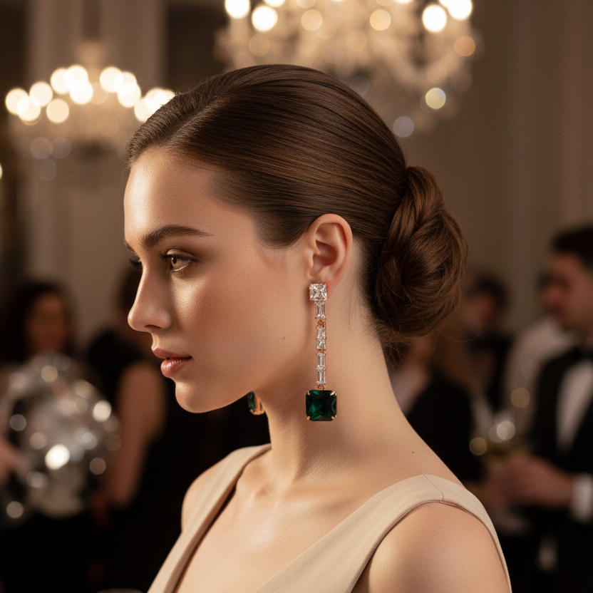 Pair of earrings with green and clear gemstones on a marble stone with flowers in the background