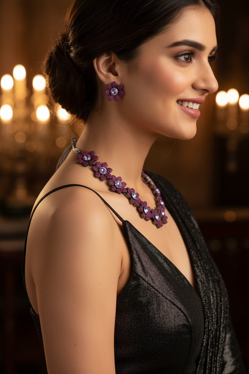 Dark Pink Nano AD Floral Necklace Set