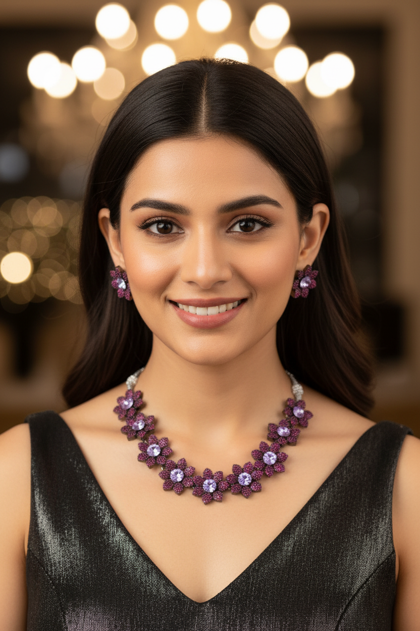 Dark Pink Nano AD Floral Necklace Set