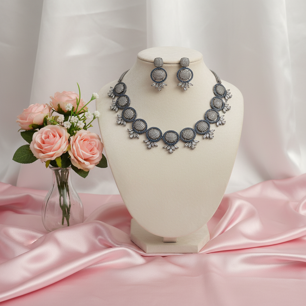 Silver Royal Blue Oval Nano AD Neckpiece Set