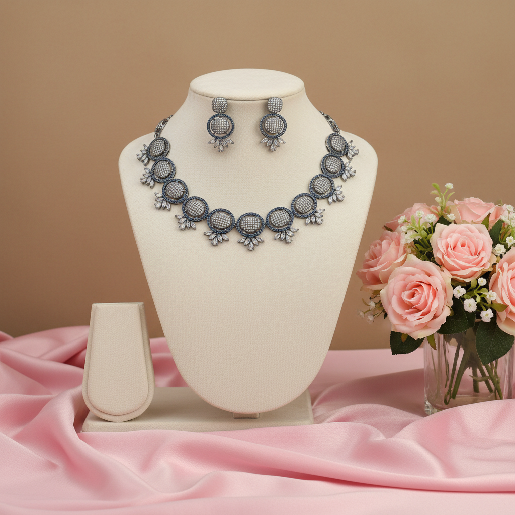 Silver Royal Blue Oval Nano AD Neckpiece Set