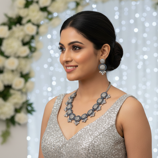 Silver Royal Blue Oval Nano AD Neckpiece Set