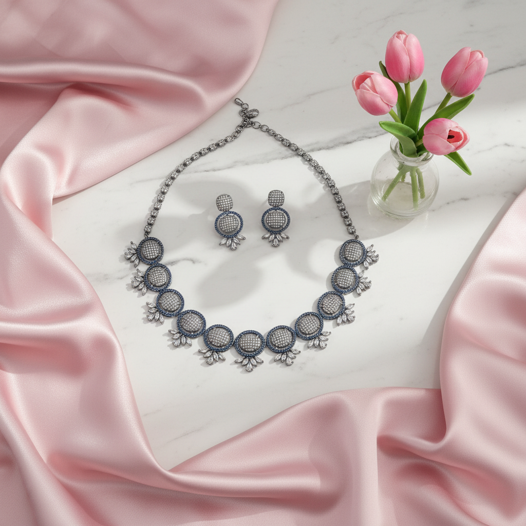 Silver Royal Blue Oval Nano AD Neckpiece Set