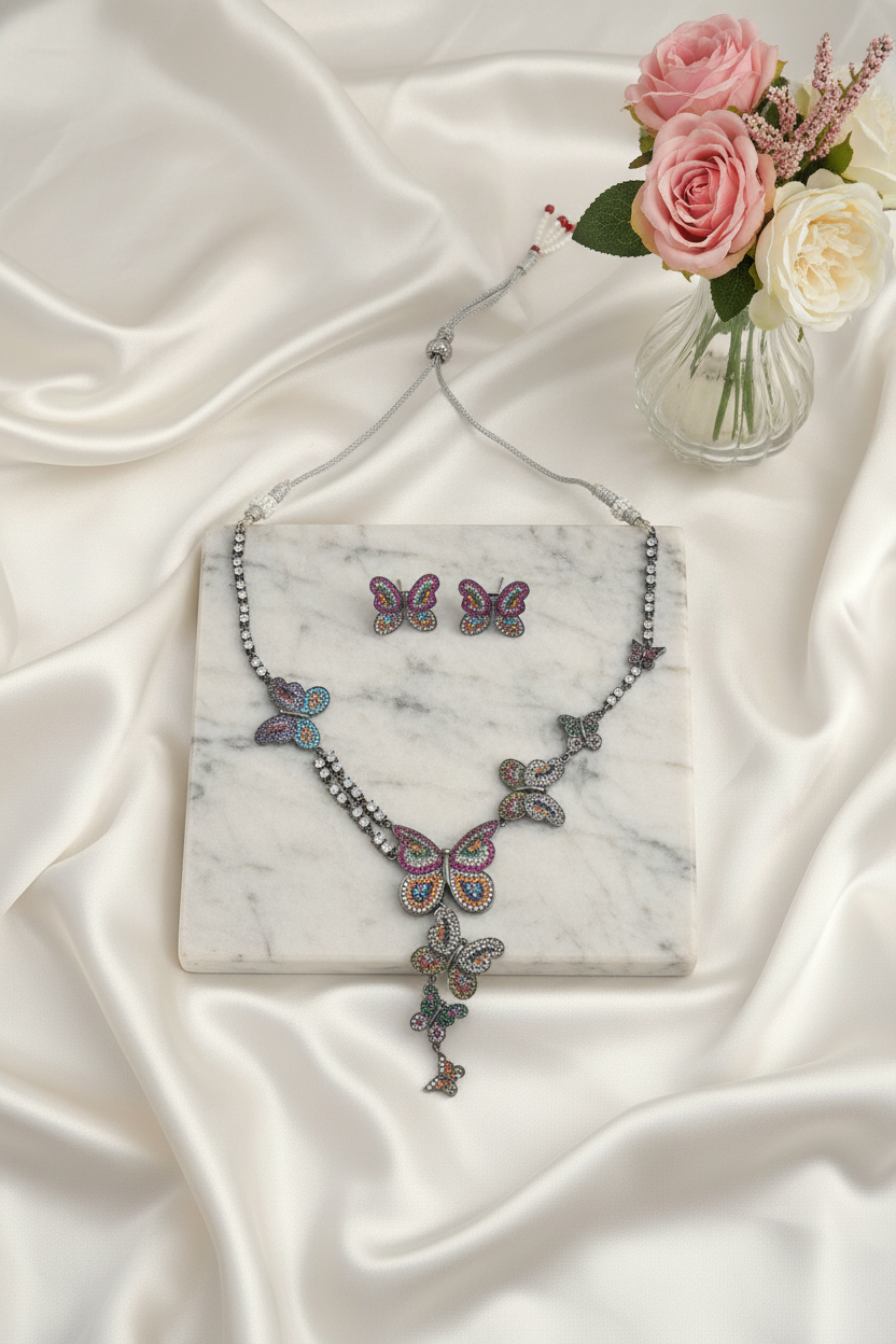 Rainbow Butterfly Statement Necklace Set