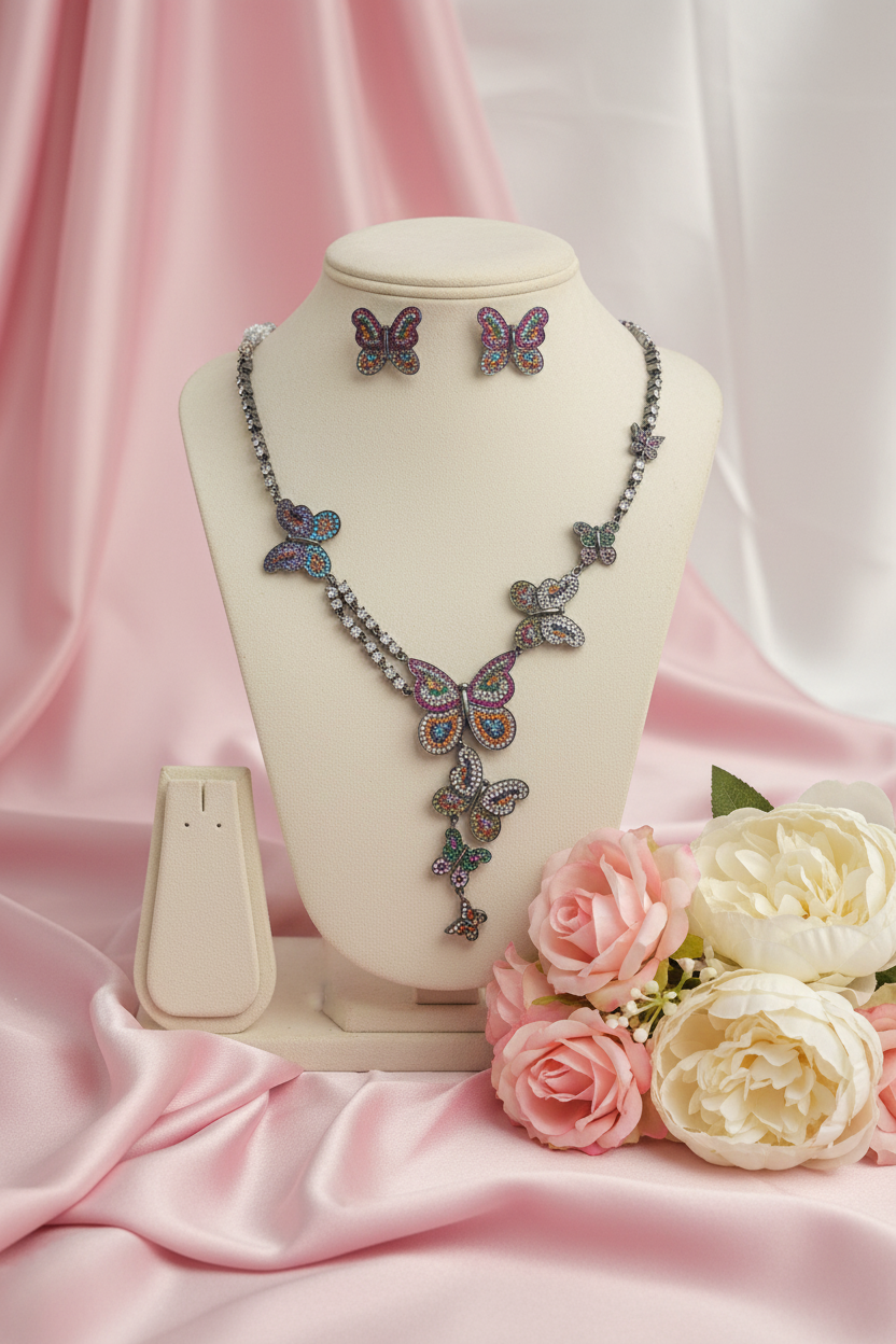 Rainbow Butterfly Statement Necklace Set