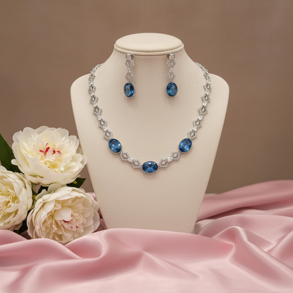 Sapphire Blue Crystal AD Necklace Set