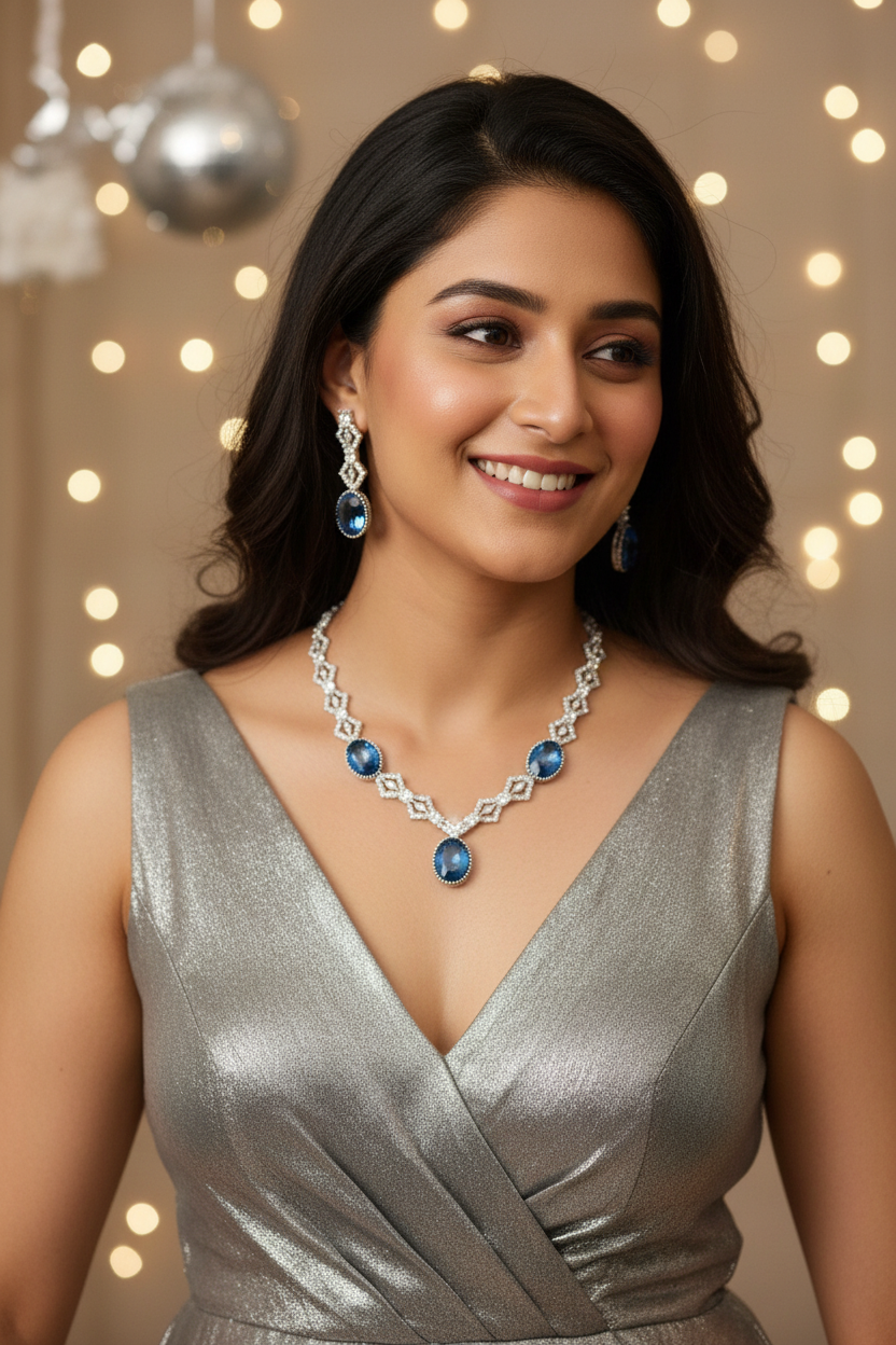 Sapphire Blue Crystal AD Necklace Set