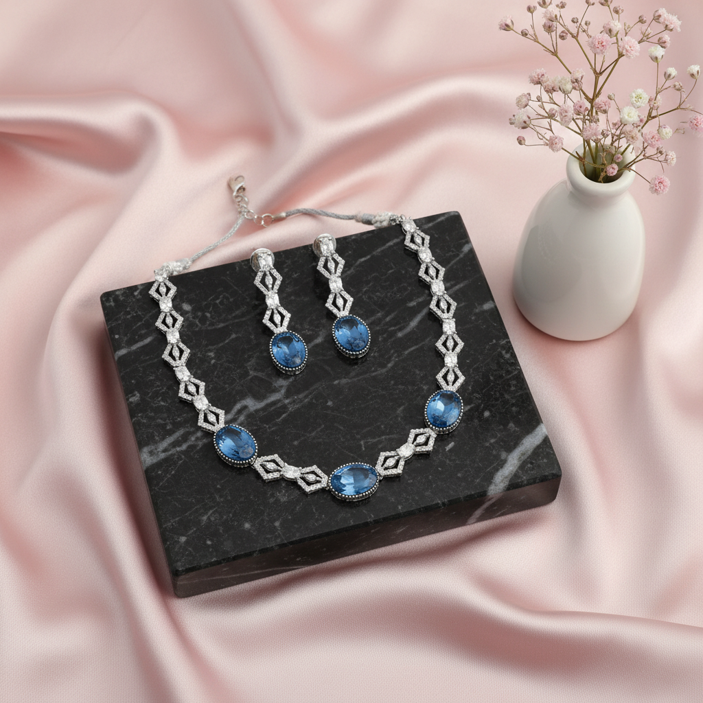 Sapphire Blue Crystal AD Necklace Set