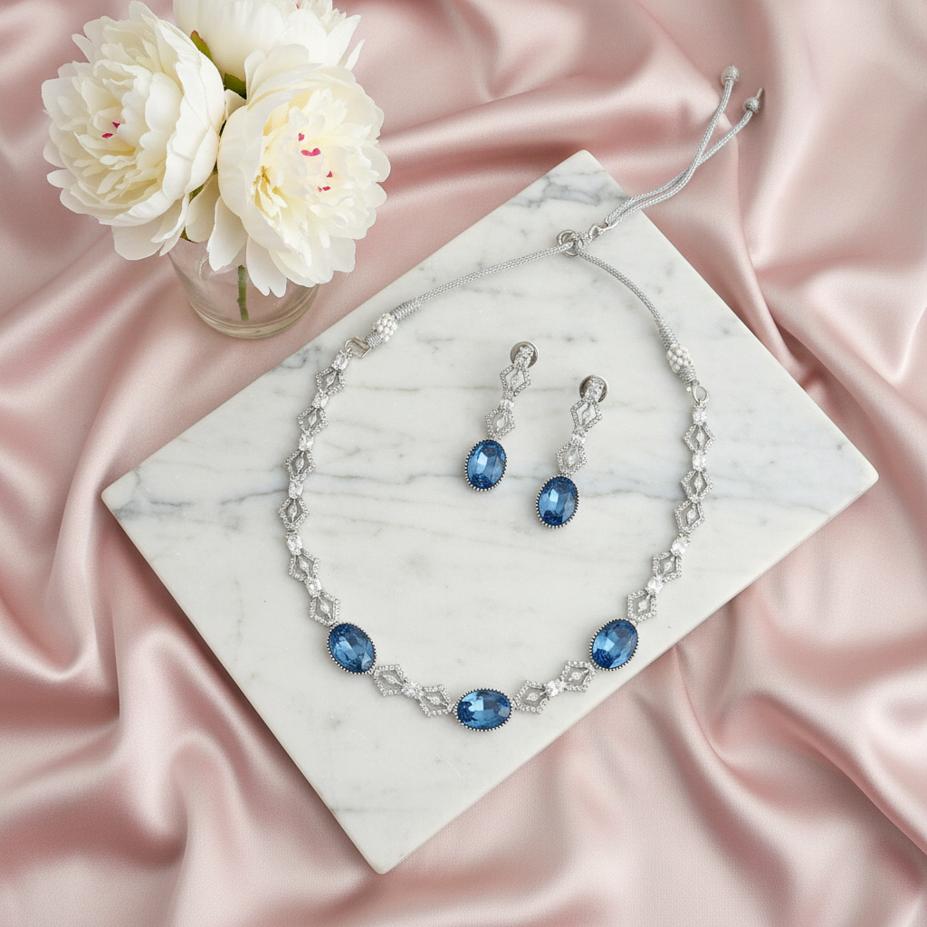 Sapphire Blue Crystal AD Necklace Set