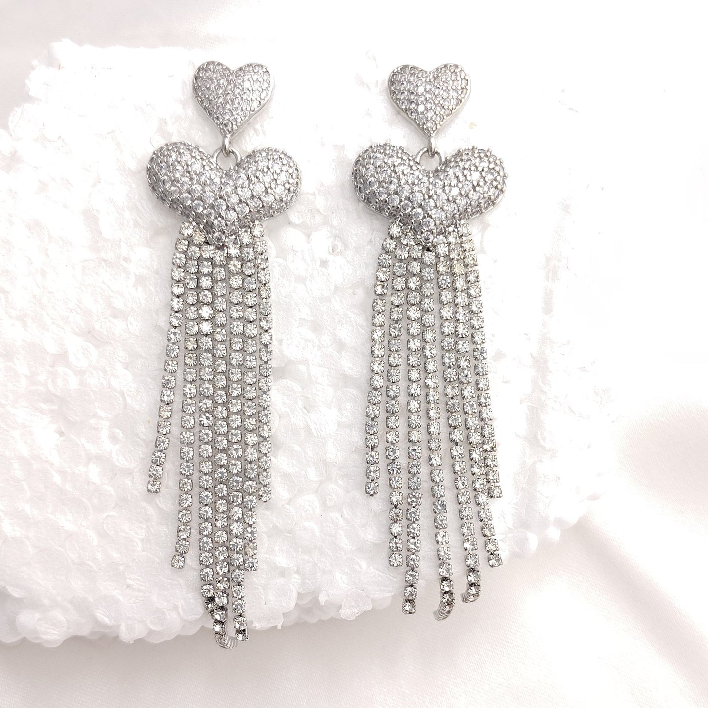Crystal Heart Tassel Earrings