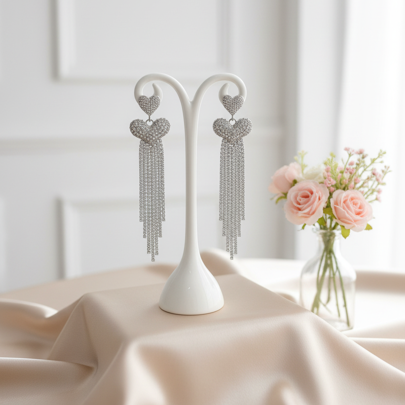 Crystal Heart Tassel Earrings