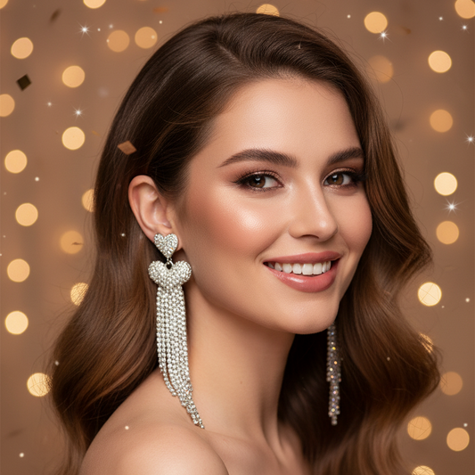 Crystal Heart Tassel Earrings