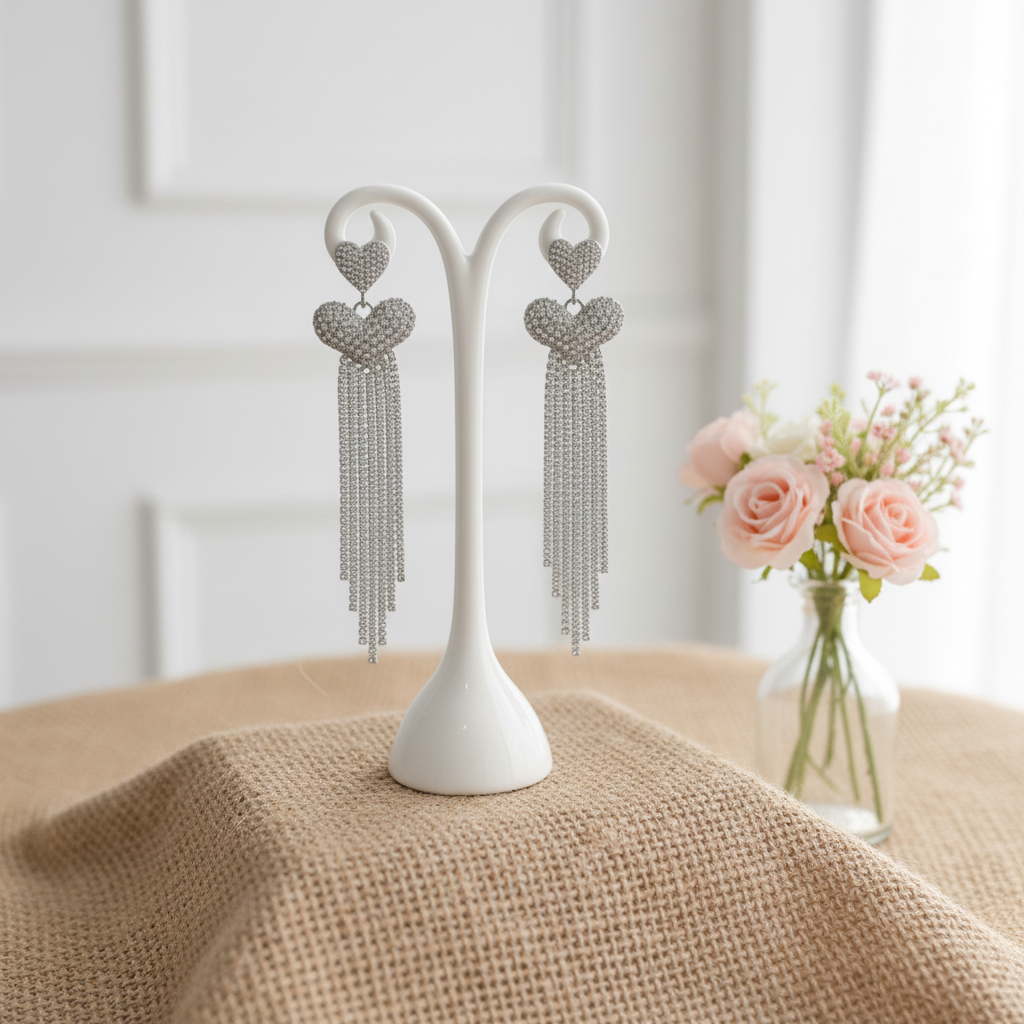 Crystal Heart Tassel Earrings