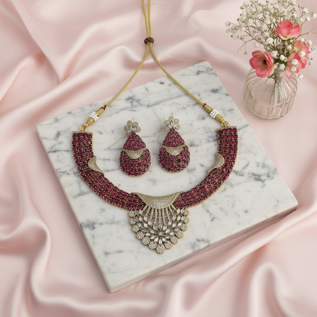 Ishaa Pink Hasli Victorian Choker Set