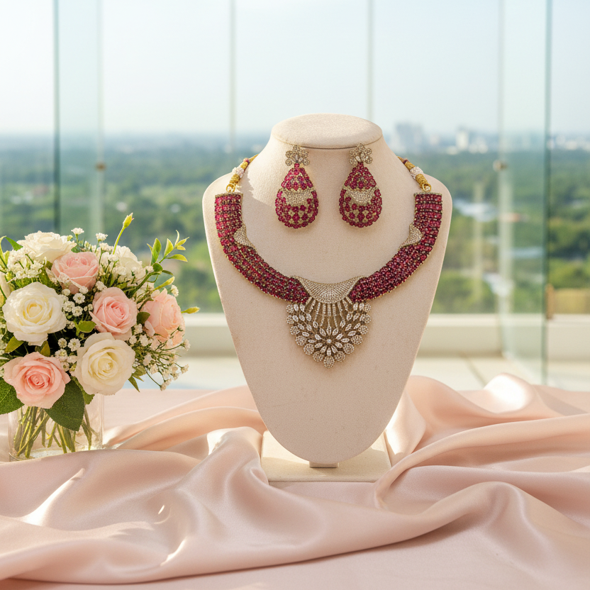 Ishaa Pink Hasli Victorian Choker Set