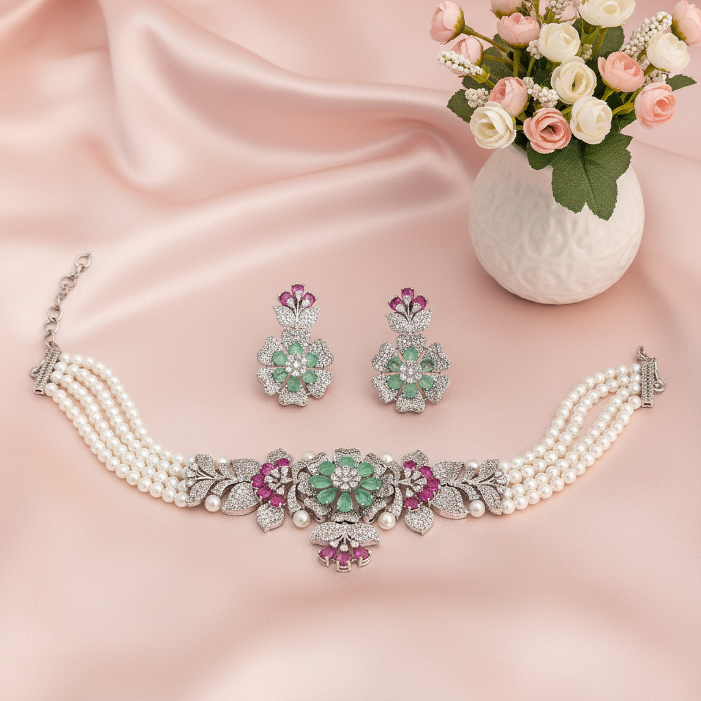 Anaya Multicolor Pearl Zirconia Choker Set