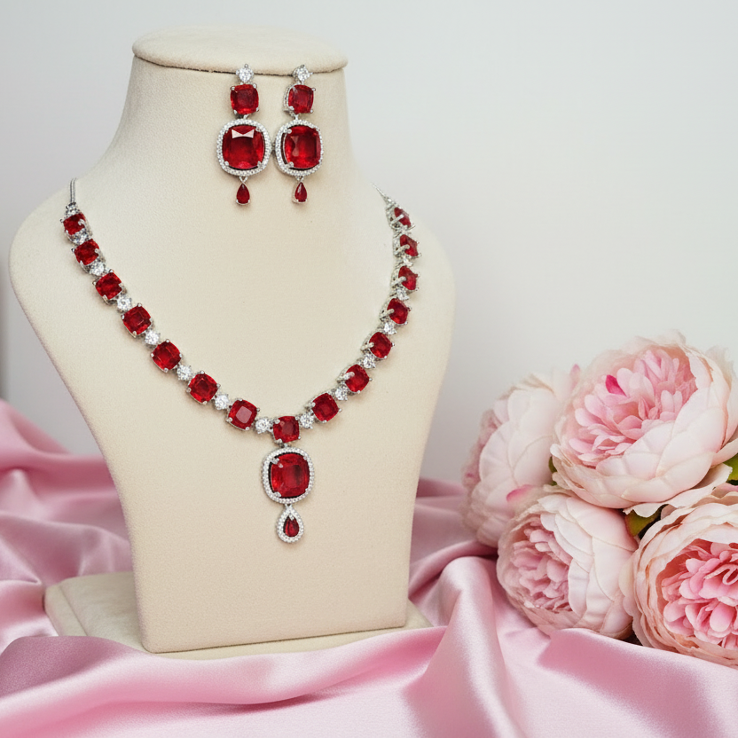Ruby Drop Statement Necklace Set