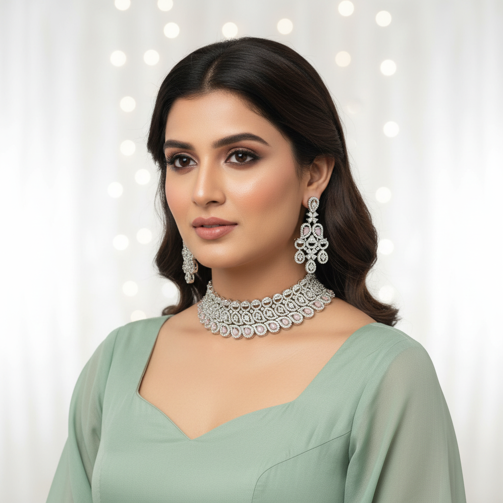 Model wearing Blush Pink Necklace Set - sage green dress