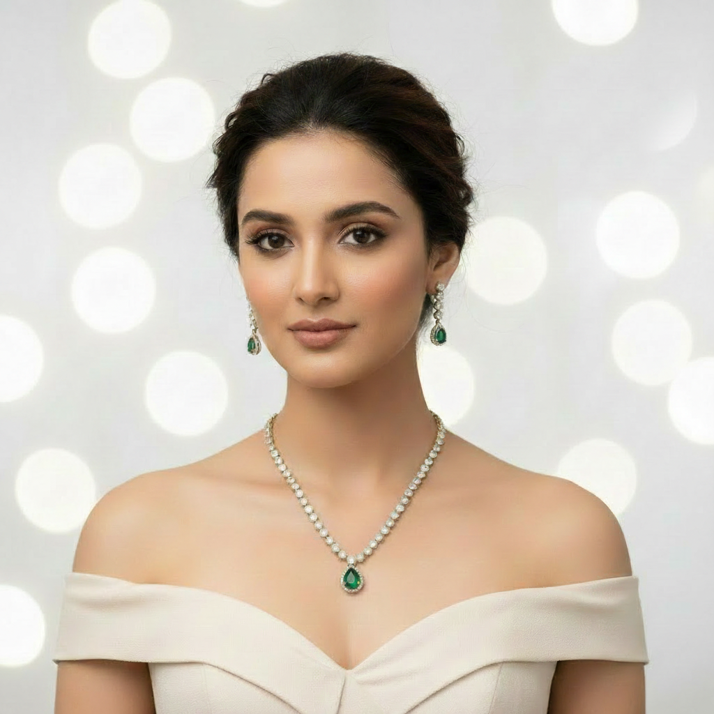 Model wearing Emerald Solitaire Necklace - corrected earrings