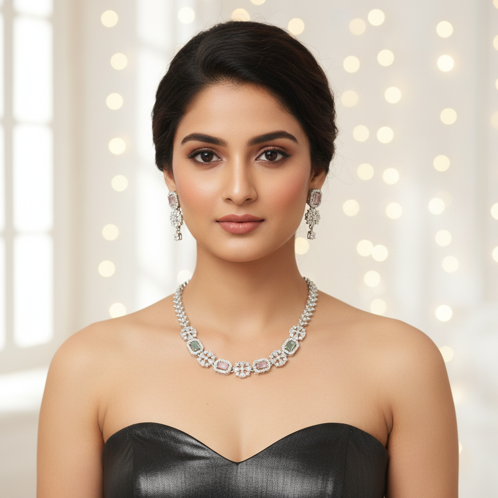 Model wearing Fuscia Pink Green Necklace Set - full face, cropped at neckline