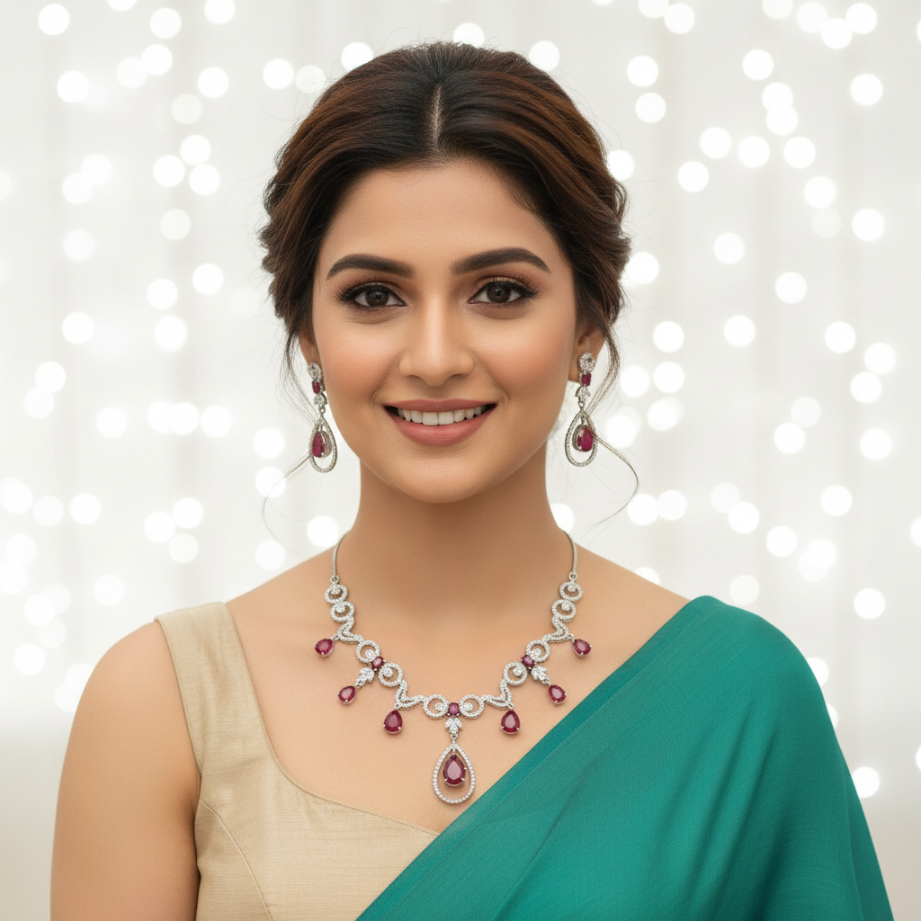 Smiling model wearing Ruby Red Teardrop Necklace - beige blouse and teal saree